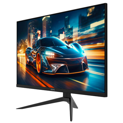 Der Odys i27-Q-180 Flat Gaming Monitor (27 Zoll, 69 cm) zeigt das lebendige Bild eines futuristischen Sportwagens, der durch eine nächtliche Stadt rast.