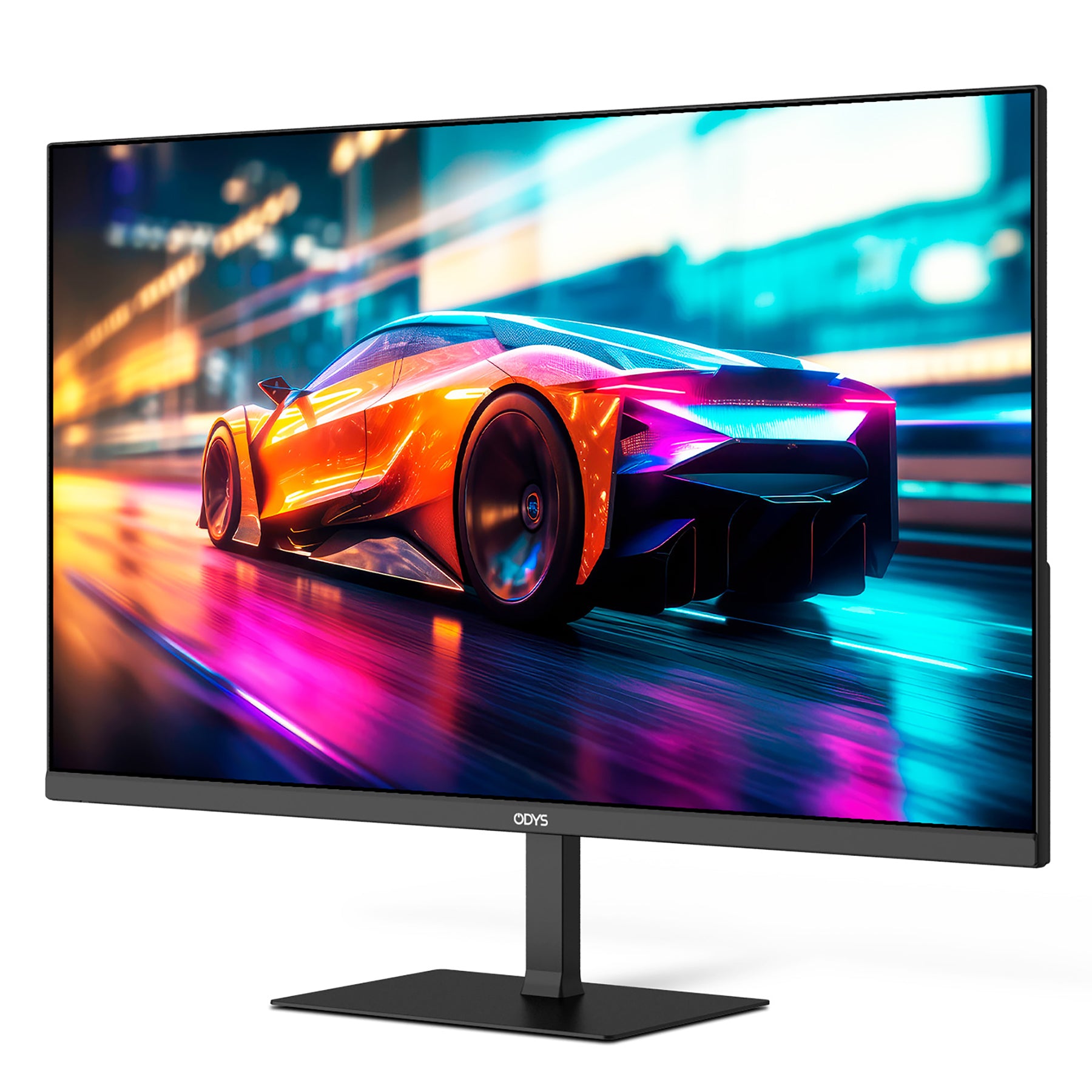 Der Odys i27-Q-100 Flat Gaming Monitor (27 Zoll, 69 cm) zeigt eine lebendige, futuristische Autorennszene mit Neonfarben und verschwommenen Stadtlichtern.