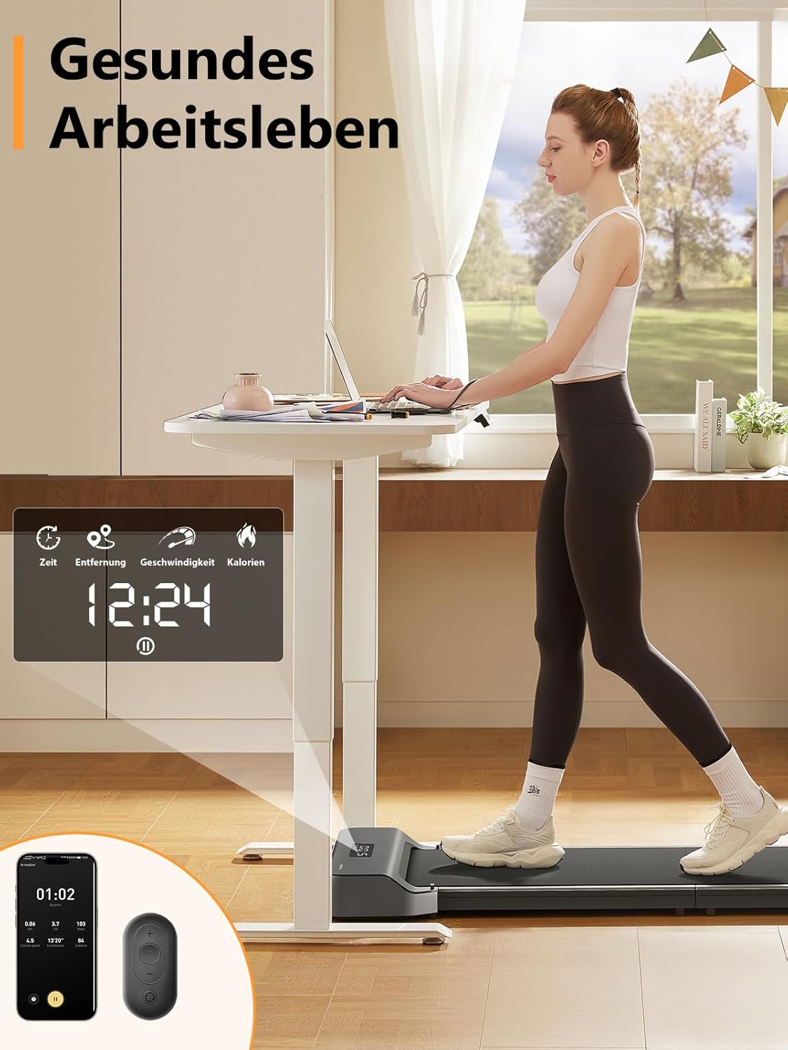 Eine Frau benutzt das Kingsmith WalkingPad Z1 Klappbares Laufband für Schreibtisch als Laufbandschreibtisch in einem hellen Raum. Sie arbeitet an ihrem Laptop, auf dem Display werden Zeit, Distanz, Geschwindigkeit und Kalorien angezeigt. Auf Deutsch erscheint "Gesundes Arbeitsleben".
