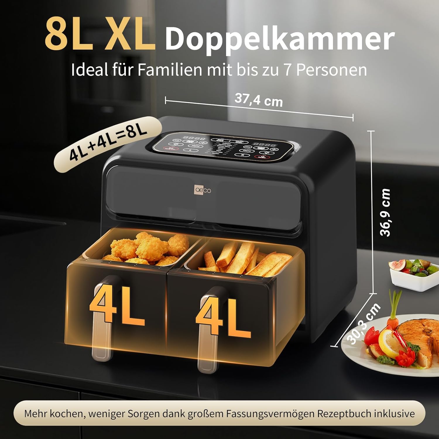 Die aeco FryQ ELITE Duo XL8 Heißluftfritteuse 8L Doppelkammer für Familien ist eine schwarze Heißluftfritteuse mit zwei Kammern à 4 Liter (Gesamtfassungsvermögen 8 Liter), einem Touch-Display mit digitaler Steuerung, beschrifteten Abmessungen und einer Synchronisationsfunktion. Sie ist für Familien mit bis zu 7 Personen konzipiert, verfügt über Sichtfenster und arbeitet mit einer Leistung von 2400 W.