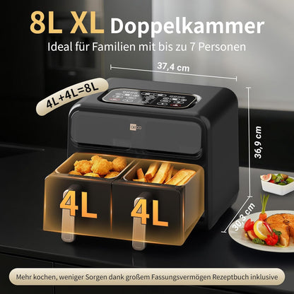 Die aeco FryQ ELITE Duo XL8 Heißluftfritteuse 8L Doppelkammer für Familien ist eine schwarze Heißluftfritteuse mit zwei Kammern à 4 Liter (Gesamtfassungsvermögen 8 Liter), einem Touch-Display mit digitaler Steuerung, beschrifteten Abmessungen und einer Synchronisationsfunktion. Sie ist für Familien mit bis zu 7 Personen konzipiert, verfügt über Sichtfenster und arbeitet mit einer Leistung von 2400 W.