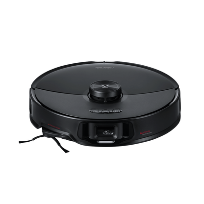 Der Roborock S8 MaxV Ultra Black, ein schwarzer, kreisförmiger Staubsaugerroboter mit einem oberen Sensor, einer Frontkamera und einer Seitenbürste, wird auf einem weißen Hintergrund gezeigt.