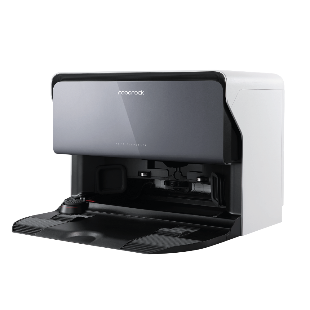 Der Roborock S8 MaxV Ultra White mit Wasseranschluss ist ein moderner Staubsaugerroboter mit geöffneter Frontplatte, die den Blick auf die Innenfächer und die Bedienelemente freigibt.