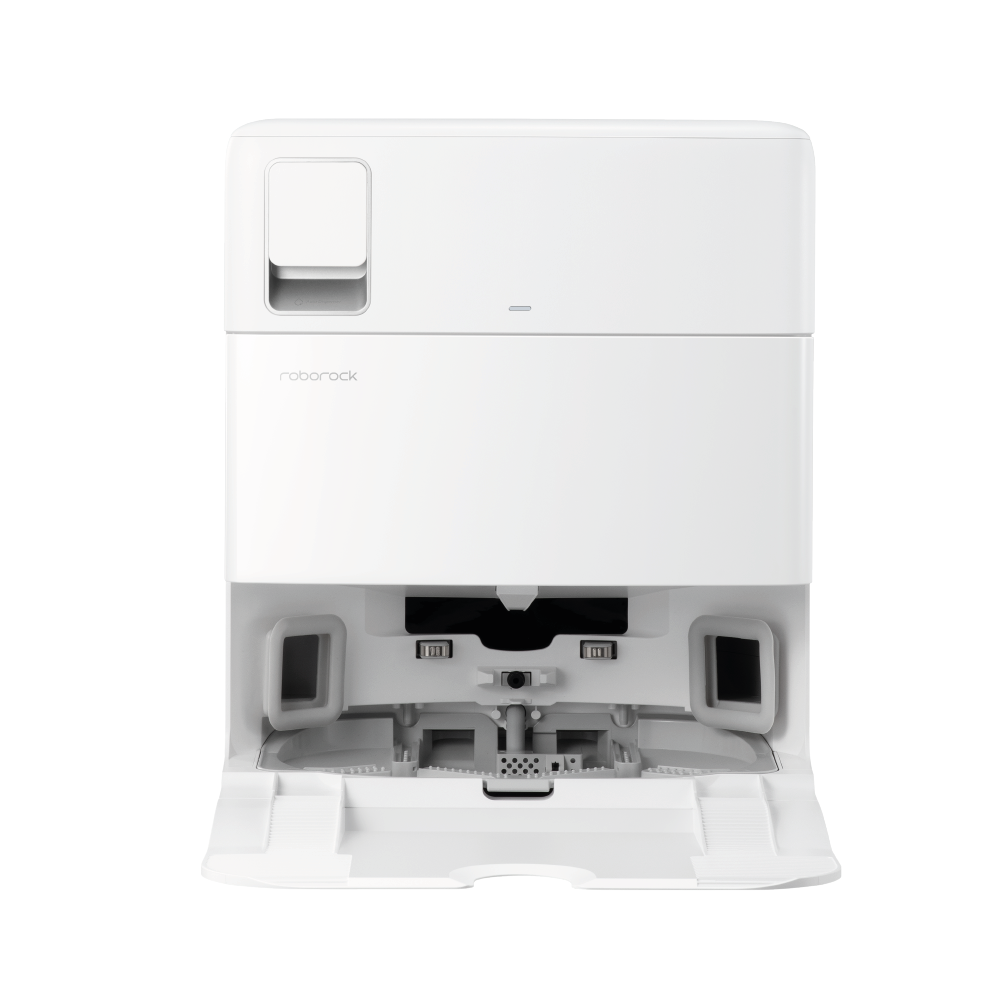 Eine Roborock Qrevo Plus White mit Wasseranschluss Saugroboter-Andock- und Reinigungsstation wird mit geöffneter Fronttür gezeigt, die den Blick auf die Innenfächer und Anschlüsse freigibt.