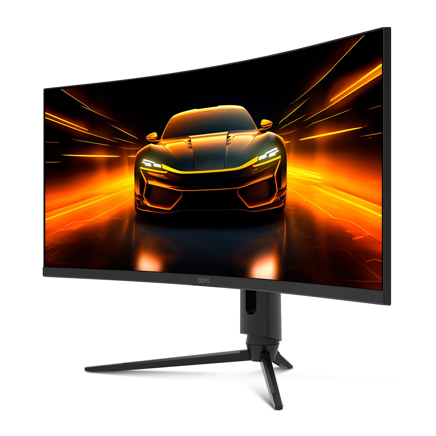 Der Odys XP34 PRO-X Curved Gaming Monitor (34 Zoll, 86 cm) zeigt ein digitales Bild eines Sportwagens mit orangefarbenen Lichtspuren, die Geschwindigkeit und Bewegung vermitteln.