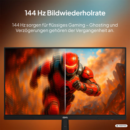 Ein Odys ODYS i27-F-144 Flachbild-Gaming-Monitor (27 Zoll, 69 cm) zeigt eine Figur in roter Rüstung in Bewegung, wobei eine Seite scharf und die andere unscharf erscheint – dies veranschaulicht den Unterschied zwischen niedrigen und hohen Bildwiederholraten und demonstriert die flüssige Leistung, die Sie von diesem 144-Hz-Gaming-Monitor von Odys erwarten können.