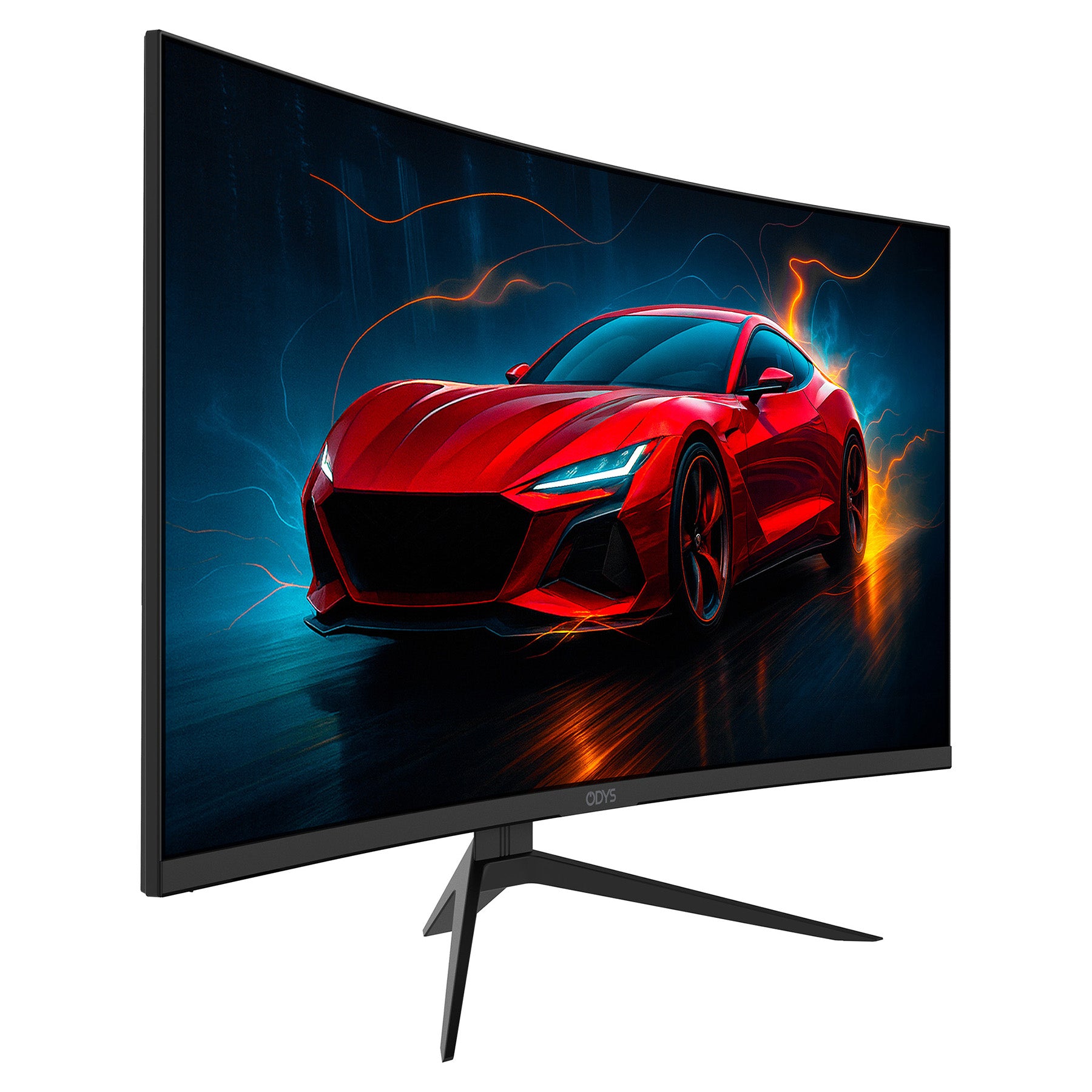Der Odys XP32 Curved Gaming Monitor (32 Zoll, 80 cm) zeigt das digitale Bild eines roten Sportwagens mit blauen und orangefarbenen Lichteffekten im Hintergrund.