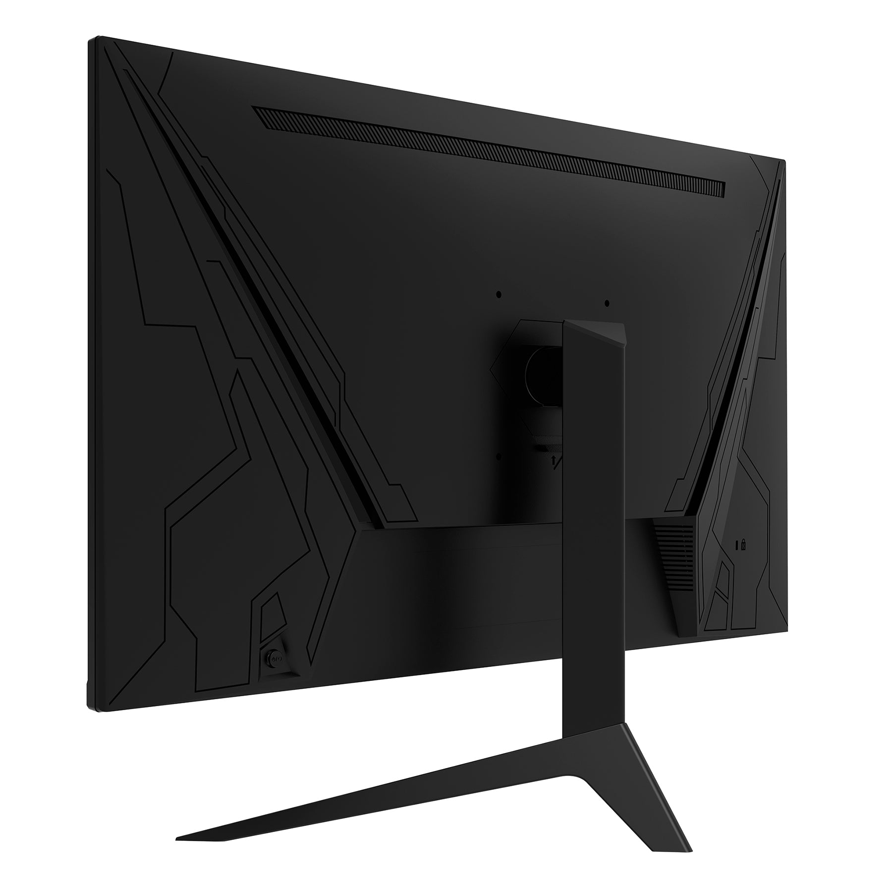 Rückansicht des Odys i27-Q-180 Flat Gaming Monitors (27 Zoll, 69 cm) in Schwarz mit kantigem, geometrischem Rückwanddesign und V-förmigem Standfuß.