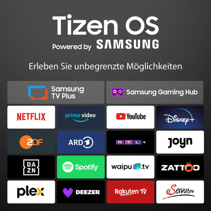Unter dem Banner „Tizen OS powered by Samsung“ auf dem DYON Ultimax 32H-TI-W 32-Zoll-HD-Samsung-Tizen-Smart-TV ist eine Reihe von Logos beliebter Streaming-Dienste zu sehen – darunter Netflix, Disney+, YouTube, Spotify und weitere. Der deutsche Text hebt die grenzenlosen Unterhaltungsmöglichkeiten und den nahtlosen Zugriff auf Inhalte – einschließlich des innovativen Samsung Gaming Hub – hervor, die der Dyon Smart-TV mit integriertem Samsung TV Plus an einem einzigen, praktischen Ort bietet.