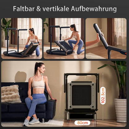 Eine Frau zeigt, wie man das Kingsmith WalkingPad R3 Hybrid+ Klappbares Laufband bis 12 km/h senkrecht neben einem Sofa zusammenfaltet und verstaut; es misst 102,3 cm in der Höhe und 80 cm in der Breite.