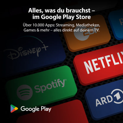 Beliebte Streaming-App-Symbole wie Disney+, Netflix, Spotify und ARD werden mit deutschem Text angezeigt, der TV-Apps im Google Play Store für den Dyon nexGo 32H Smart LED TV bewirbt.