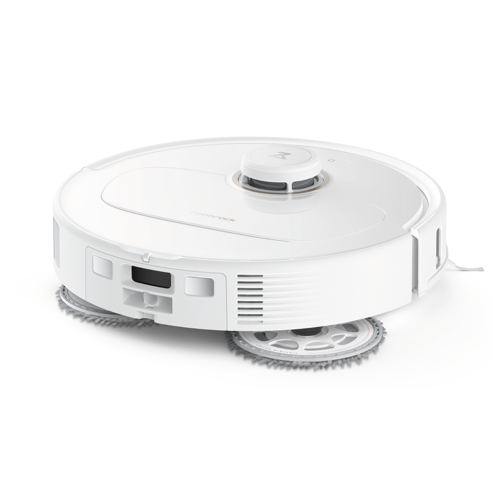 Der Roborock Qrevo MaxV White, ein Staubsaugerroboter mit zwei rotierenden Bürstenpads, wird vor einem schlichten Hintergrund gezeigt.
