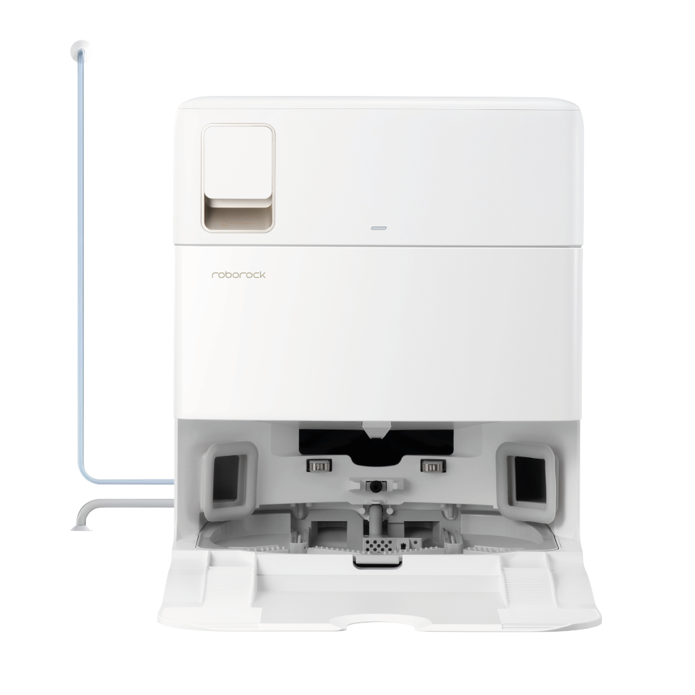 Der Roborock Qrevo MaxV White mit Wasseranschluss verfügt über eine nach vorne offene Dockingstation mit Sichtfächern und einem Wasserschlauchanschluss auf der linken Seite.
