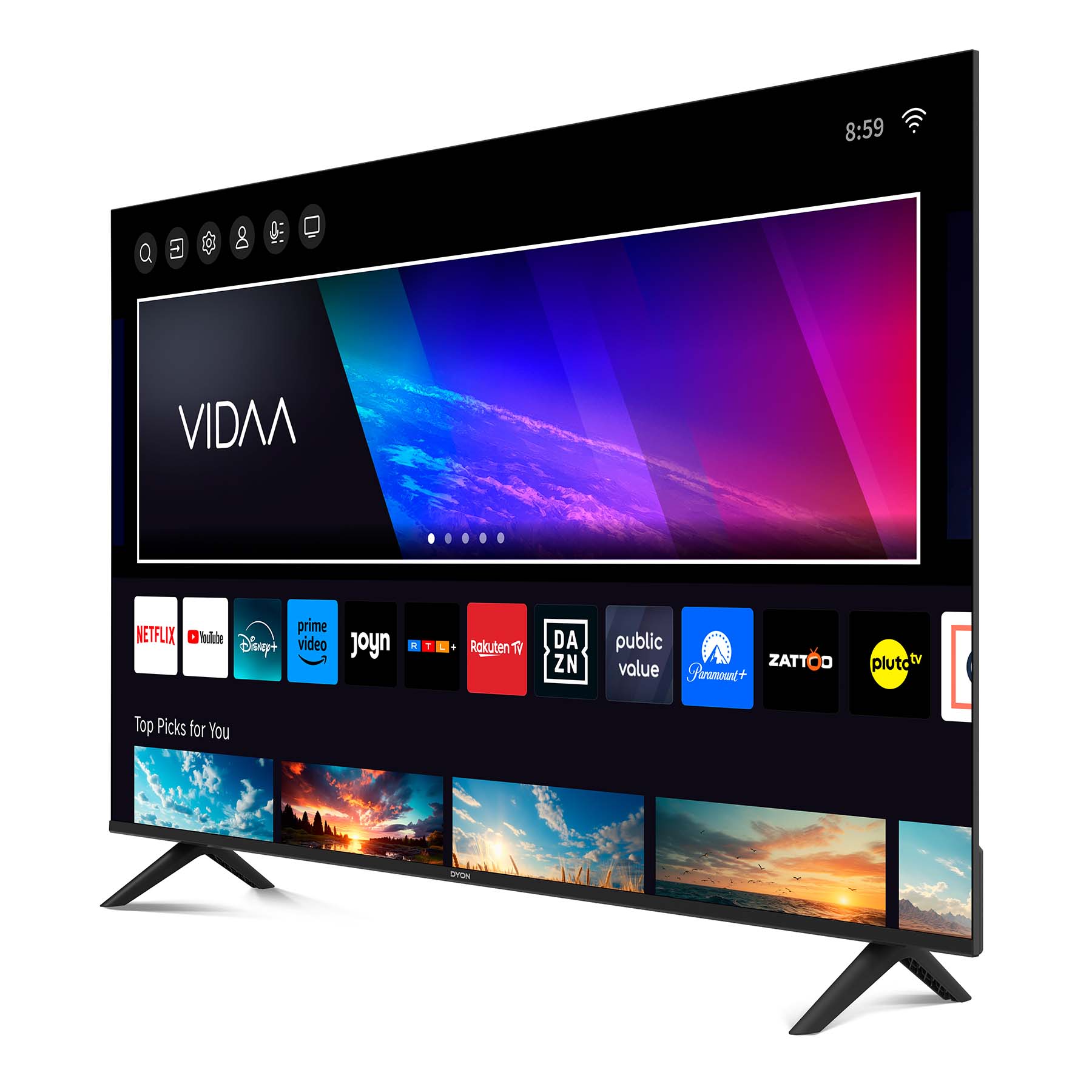 Der Dyon Smart 50 VX zeigt eine Vielzahl von Smart TV-Apps auf seinem lebendigen Bildschirm an, der vom benutzerfreundlichen VIDAA Betriebssystem angetrieben wird, wobei die Uhrzeit 8:59 oben rechts angezeigt wird.