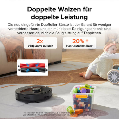 Der Roborock Q8 Max Special Edition mit zwei Gummibürsten reinigt in der Nähe von Kinderspielzeug und verfügt über 2 Bürsten und eine um 20 % verbesserte Haaraufnahme.