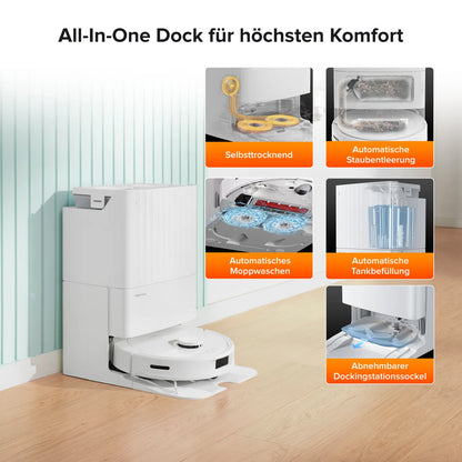 Der Roborock Q Revo White Staubsauger wird mit seiner All-in-One-Docking-Station gezeigt, die Selbstreinigung, automatische Staubaufnahme, Mop- und Wassermanagement und eine abnehmbare Docking-Station bietet.
