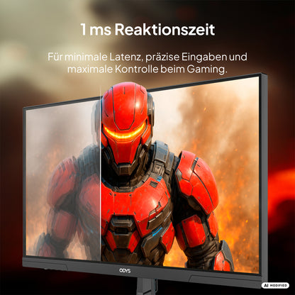 Der Odys ODYS i27-F-144 Flat Gaming-Monitor (27 Zoll, 69 cm) zeigt ein Split-Screen-Bild eines Charakters in roter Rüstung und demonstriert damit seine beeindruckende Reaktionszeit von 1 ms sowie die flüssige Bildwiederholfrequenz von 144 Hz für eine überragende Gaming-Leistung. Dank seines IPS-Panels liefert dieser Odys-Gaming-Monitor lebendige Farben und scharfe Bilder für ein fesselndes Erlebnis.