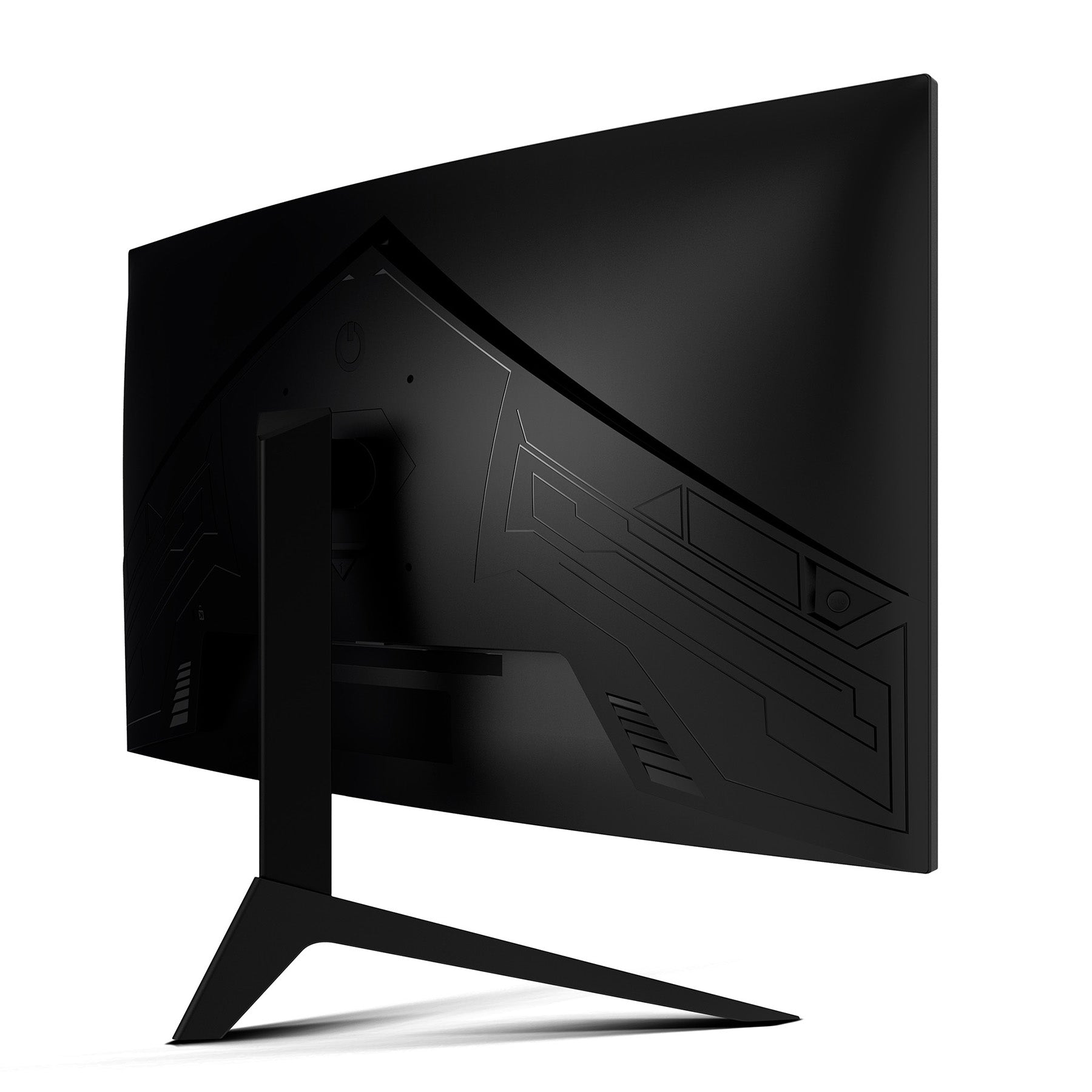Der Odys XP32 Curved Gaming Monitor (32 Zoll, 80 cm) wird von hinten gezeigt, wobei der schlanke, kantige Standfuß und die geometrischen Muster auf der Rückseite hervorgehoben werden.