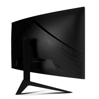 Der Odys XP32 Curved Gaming Monitor (32 Zoll, 80 cm) wird von hinten gezeigt, wobei der schlanke, kantige Standfuß und die geometrischen Muster auf der Rückseite hervorgehoben werden.