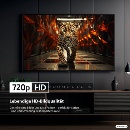 Der DYON Ultimax 24H-TI-W, ein 24-Zoll-HD-Smart-TV von Samsung mit Tizen-Betriebssystem, liefert ein scharfes, 720p-HD-Bild eines vorwärts schreitenden Leoparden, wobei deutscher Text die lebendige Bildqualität für Serien, Filme und Streaming hervorhebt – angetrieben von Samsungs intuitivem Tizen-Betriebssystem und mit Samsung TV Plus.