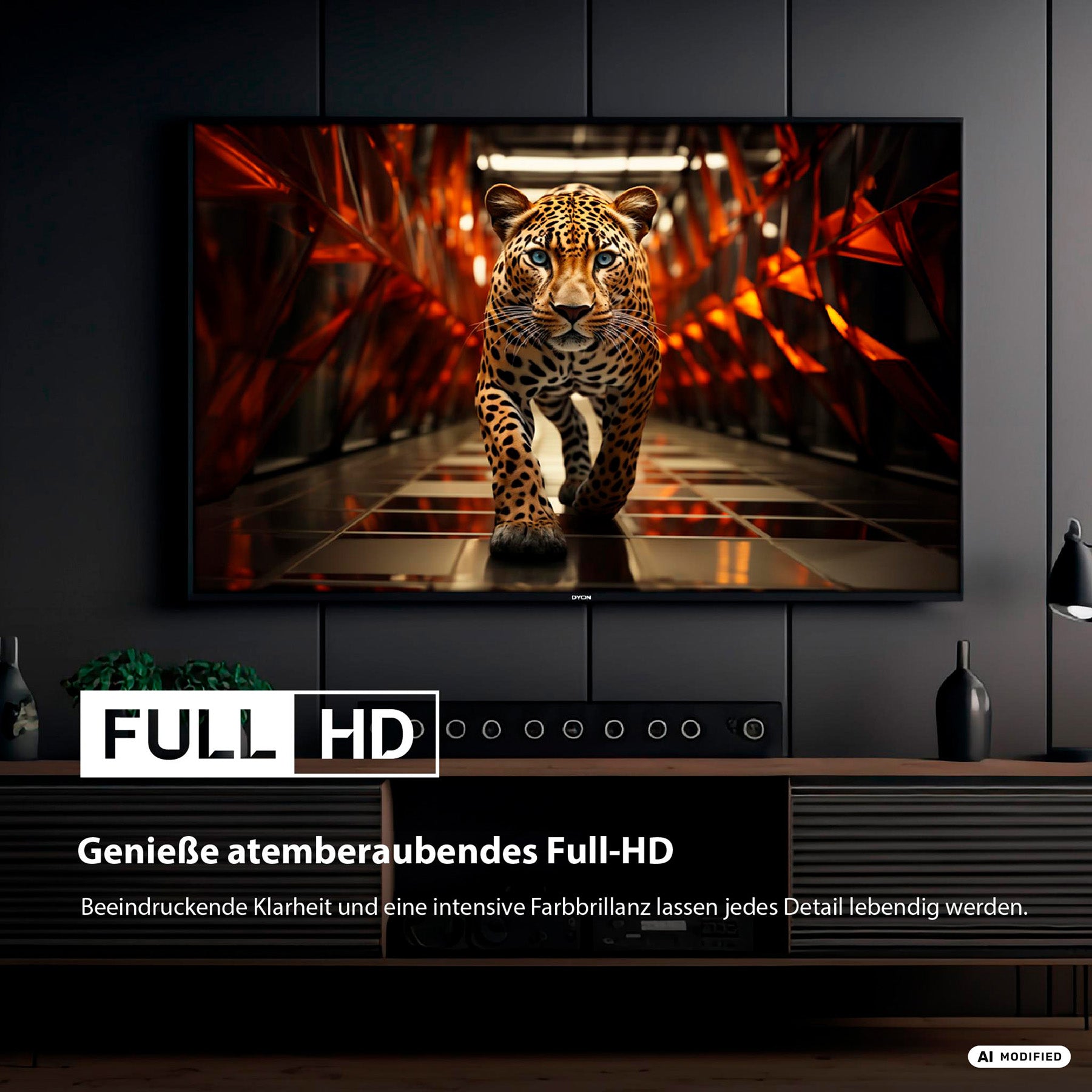In einem modernen Wohnzimmer steht ein an der Wand montierter DYON Ultimax 40F-TI-W 40-Zoll-Full-HD-Samsung-Tizen-Smart-TV von Dyon, dessen brillantes Display einen Leoparden zeigt, der durch einen Tunnel läuft, begleitet von dem Schriftzug „Full HD“ und einer deutschen Werbebotschaft auf dem Bildschirm – alles basierend auf dem Tizen-Betriebssystem für nahtlosen Betrieb.