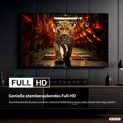 In einem modernen Wohnzimmer steht ein an der Wand montierter DYON Ultimax 40F-TI-W 40-Zoll-Full-HD-Samsung-Tizen-Smart-TV von Dyon, dessen brillantes Display einen Leoparden zeigt, der durch einen Tunnel läuft, begleitet von dem Schriftzug „Full HD“ und einer deutschen Werbebotschaft auf dem Bildschirm – alles basierend auf dem Tizen-Betriebssystem für nahtlosen Betrieb.
