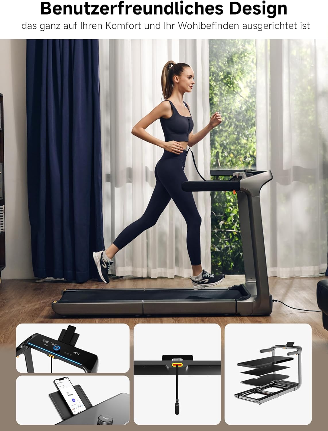Eine Frau läuft auf dem Kingsmith WalkingPad X218 Klappbares Laufband mit Handläufen (bis 18 km/h & 136 kg) in einem hellen Raum; Nahaufnahmen heben das Display, den Ladeanschluss und das praktische Design des klappbaren Laufbandes hervor.
