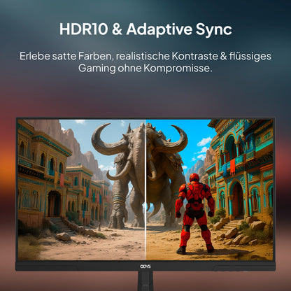 Der Odys i27-F-144 27-Zoll-Gaming-Monitor zeigt eine Spielszene mit geteiltem Bildschirm, bei der seine HDR10- und Adaptive-Sync-Funktionen mit lebendiger Farb- und Kontrastqualität zur Geltung kommen.