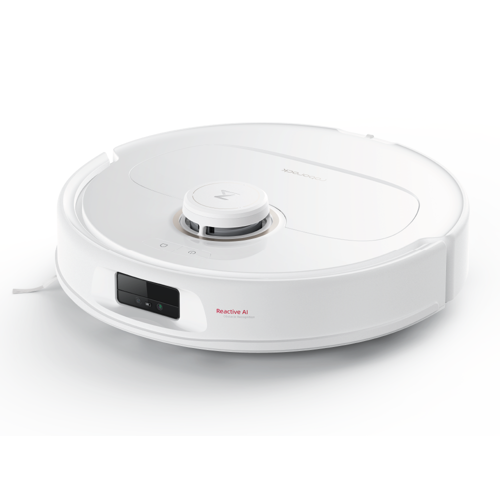 Der Roborock Qrevo MaxV White ist ein kreisförmiger Staubsaugerroboter mit oberem Sensor, Display und Reactive AI-Etikett, der auf einem schlichten weißen Hintergrund abgebildet ist.