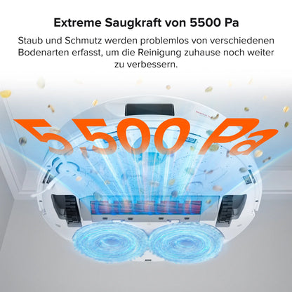 Der Roborock Q Revo White Staubsauger präsentiert seine 5500 Pa Saugleistung mit blauen Luftstromgrafiken und eingesaugtem Schmutz, die seine starke Reinigungsleistung unterstreichen.