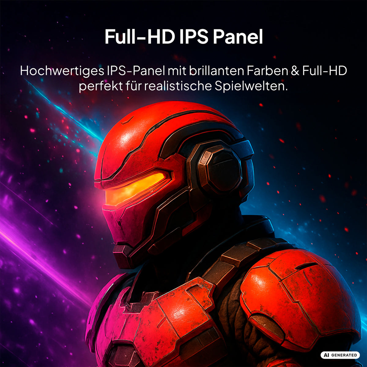 Eine rote, gepanzerte Figur mit Helm steht vor einem farbenfrohen, vom Weltraum inspirierten Hintergrund. Der deutsche Text hebt den ODYS i27-F-144 Flat Gaming-Monitor (27 Zoll, 69 cm) von Odys hervor, der sich durch ein Full-HD-IPS-Panel, lebendige Farben und eine Bildwiederholfrequenz von 144 Hz für fesselnde und realistische Spielwelten auszeichnet.