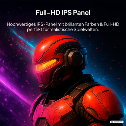 Eine rote, gepanzerte Figur mit Helm steht vor einem farbenfrohen, vom Weltraum inspirierten Hintergrund. Der deutsche Text hebt den ODYS i27-F-144 Flat Gaming-Monitor (27 Zoll, 69 cm) von Odys hervor, der sich durch ein Full-HD-IPS-Panel, lebendige Farben und eine Bildwiederholfrequenz von 144 Hz für fesselnde und realistische Spielwelten auszeichnet.