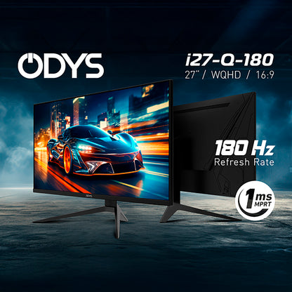 Odys i27-Q-180 Flat Gaming Monitor (27", 69 cm) auf der Vorder- und Rückseite mit WQHD-Display, 16:9-Seitenverhältnis, 180 Hz Bildwiederholrate und 1 ms Reaktionszeit; Bild eines Rennwagens auf dem Bildschirm.