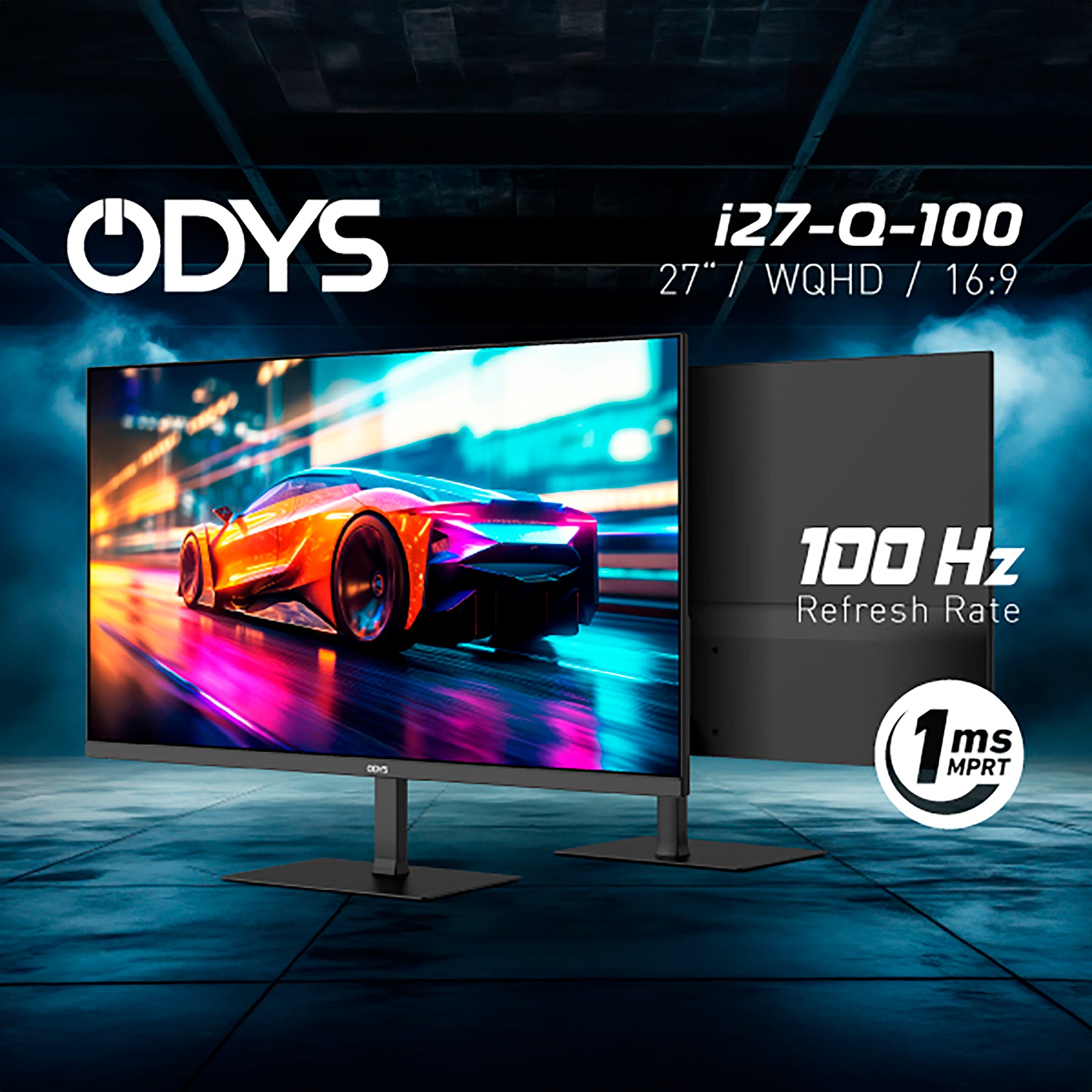 Der Odys i27-Q-100 Flat Gaming Monitor (27 Zoll, 69 cm) zeigt einen Rennwagen aus der Vorder- und Rückansicht und verfügt über WQHD-Auflösung, 100 Hz Bildwiederholrate und 1 ms MPRT.