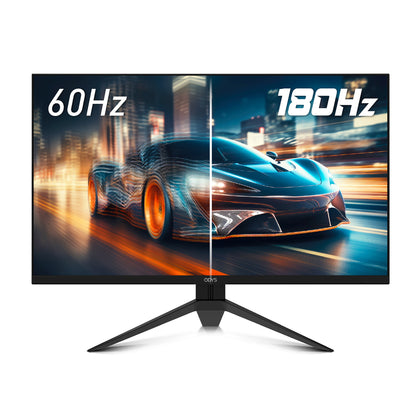 Ein Odys i27-Q-180 Flat Gaming Monitor (27 Zoll, 69 cm) zeigt ein Split-Screen-Autobild, das die Bildwiederholfrequenz von 60 Hz und 180 Hz vergleicht und den Unterschied in der Bildqualität verdeutlicht.