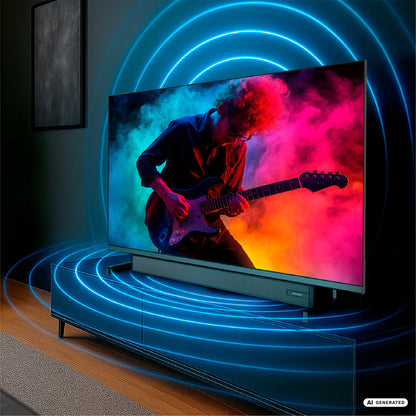 Ein DYON Movie Smart 32 VX-S 32-Zoll-HD-Smart-TV – Soundboost von Dyon zeigt ein lebendiges Bild eines Gitarristen, wobei dynamische blaue digitale Schallwellen den Fernseher und den Standfuß umgeben, um das immersive Klangerlebnis hervorzuheben, das vom intuitiven VIDAA-Betriebssystem ermöglicht wird.
