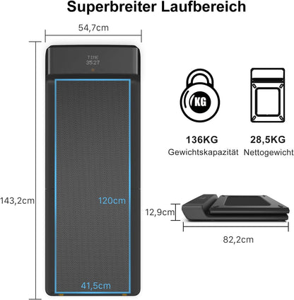 Top-down-Ansicht des Kingsmith WalkingPad A1 Pro Klappbares Laufband mit Lauffläche, 136 kg Tragfähigkeit und 28,5 kg Nettogewicht. Auch ideal als Untertisch-Laufband nutzbar.