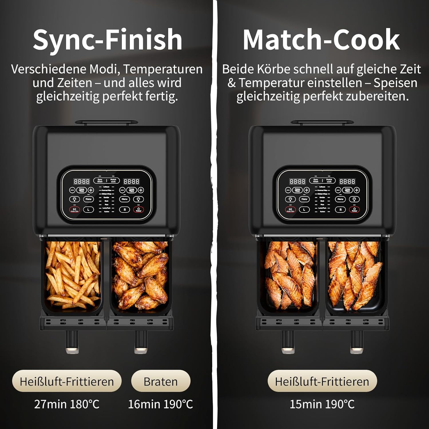 Seite-an-Seite-Vergleich auf dem aeco FryQ ELITE DUO XL8: Sync-Finish-Modus für getrennte Einstellungen und Match-Cook für identische Einstellungen, jeweils demonstriert mit Pommes frites und Chicken Wings.