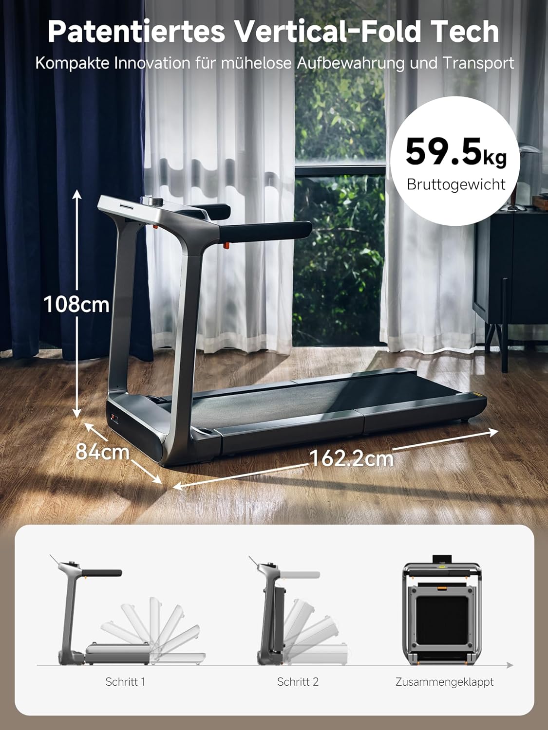 Ein Kingsmith WalkingPad X218 Klappbares Laufband mit Handläufen, bis 18 km/h & 136 kg, ist offen im Raum zu sehen. Grafiken zeigen den klappbaren Faltmechanismus und die kompakte Aufbewahrung. Technische Daten und Gewicht sind angegeben.