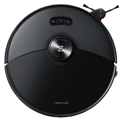 Der Roborock S8 MaxV Ultra Black Staubsaugerroboter, von oben gesehen, verfügt über ein zentrales Bedienfeld und einen seitlichen Bürstenaufsatz.