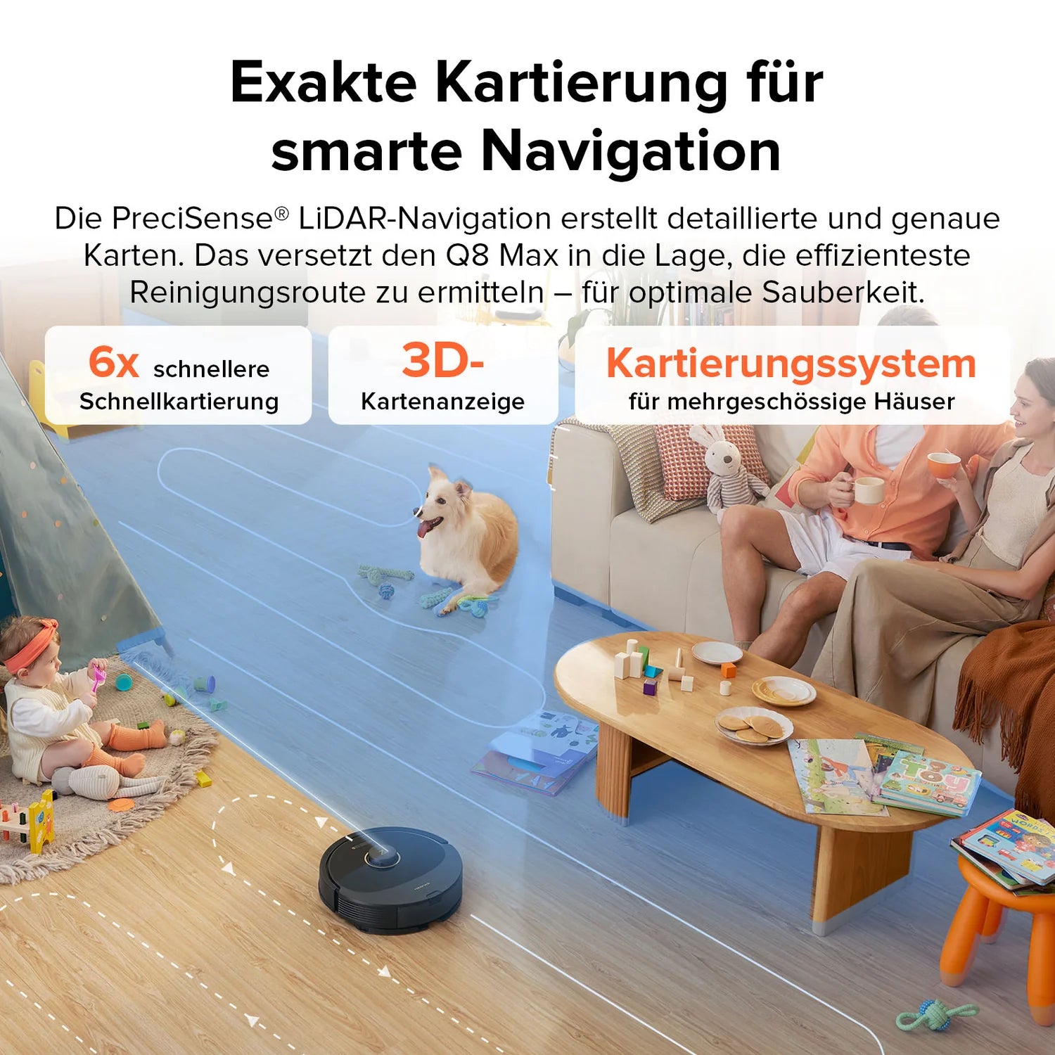 Der Roborock Q8 Max Special Edition nutzt die LiDAR-Navigation, um Wohnräume mit Familien, Haustieren und Spielzeug zu kartieren und zu reinigen, und zeigt dabei fortschrittliche Reinigungsfähigkeiten.
