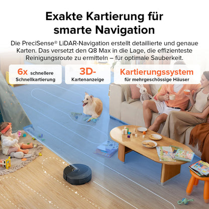 Der Roborock Q8 Max Special Edition nutzt die LiDAR-Navigation, um Wohnräume mit Familien, Haustieren und Spielzeug zu kartieren und zu reinigen, und zeigt dabei fortschrittliche Reinigungsfähigkeiten.