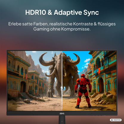 Ein Odys ODYS i27-F-144 Flat Gaming-Monitor (27 Zoll, 69 cm) zeigt eine Fantasieszene, die in der Mitte geteilt ist, um die HDR10- und Adaptive-Sync-Effekte hervorzuheben; die linke Hälfte wirkt gedämpft, während die rechte Hälfte vor leuchtenden Farben und verbesserten Details nur so strotzt – alles nahtlos dargestellt auf einem IPS-Panel mit einer schnellen Bildwiederholfrequenz von 144 Hz.