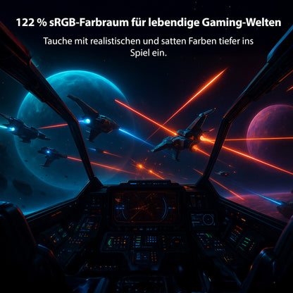 Erleben Sie auf dem Odys XE34-UWQ-120 Curved Gaming Monitor (34 Zoll, 86 cm) epische Weltraumschlachten in leuchtenden Farben, während Sie aus Ihrem Cockpit Schiffe und Laserstrahlen gegen Planeten und Sterne sehen.