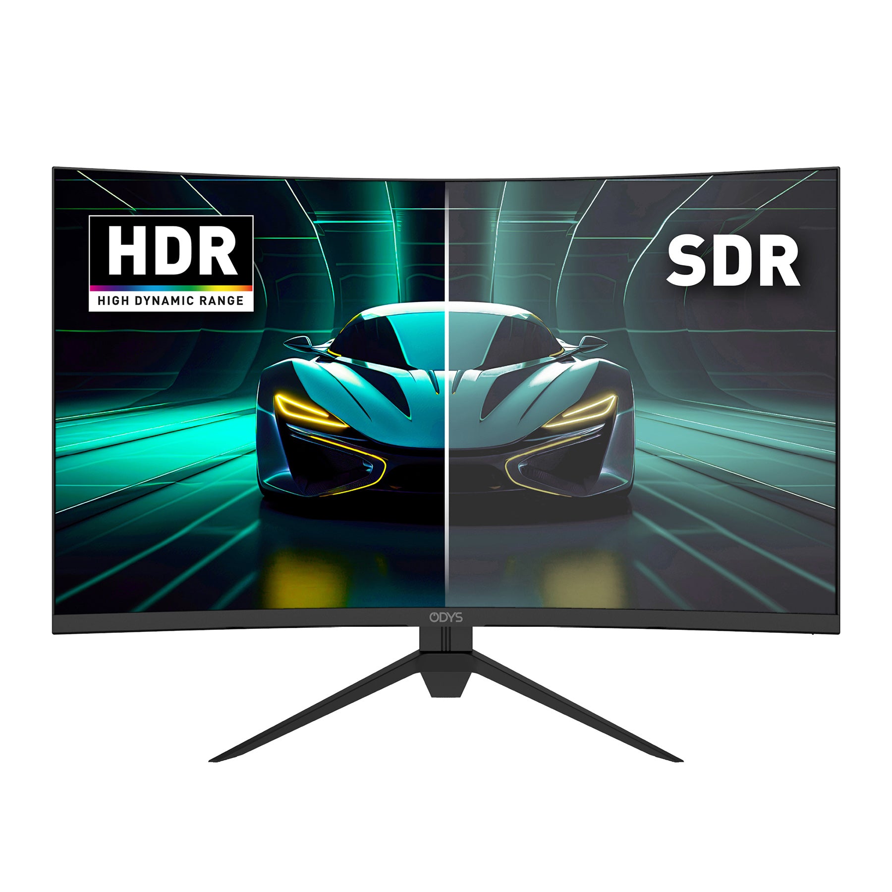 Der Odys XP32 PRO-X Curved Gaming Monitor (32 Zoll, 80 cm) zeigt ein futuristisches Auto mit HDR auf der linken und SDR auf der rechten Seite, wobei Unterschiede in Helligkeit und Farbe hervorgehoben werden.