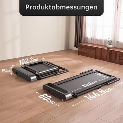 Zwei Laufbänder, darunter das Kingsmith WalkingPad R3 Hybrid+ Klappbares Laufband bis 12 km/h, sind auf einem Holzboden abgebildet - eines zusammengeklappt, eines ausgeklappt - und mit den Abmessungen in cm unter der Überschrift "Produktabmessungen" gekennzeichnet.
