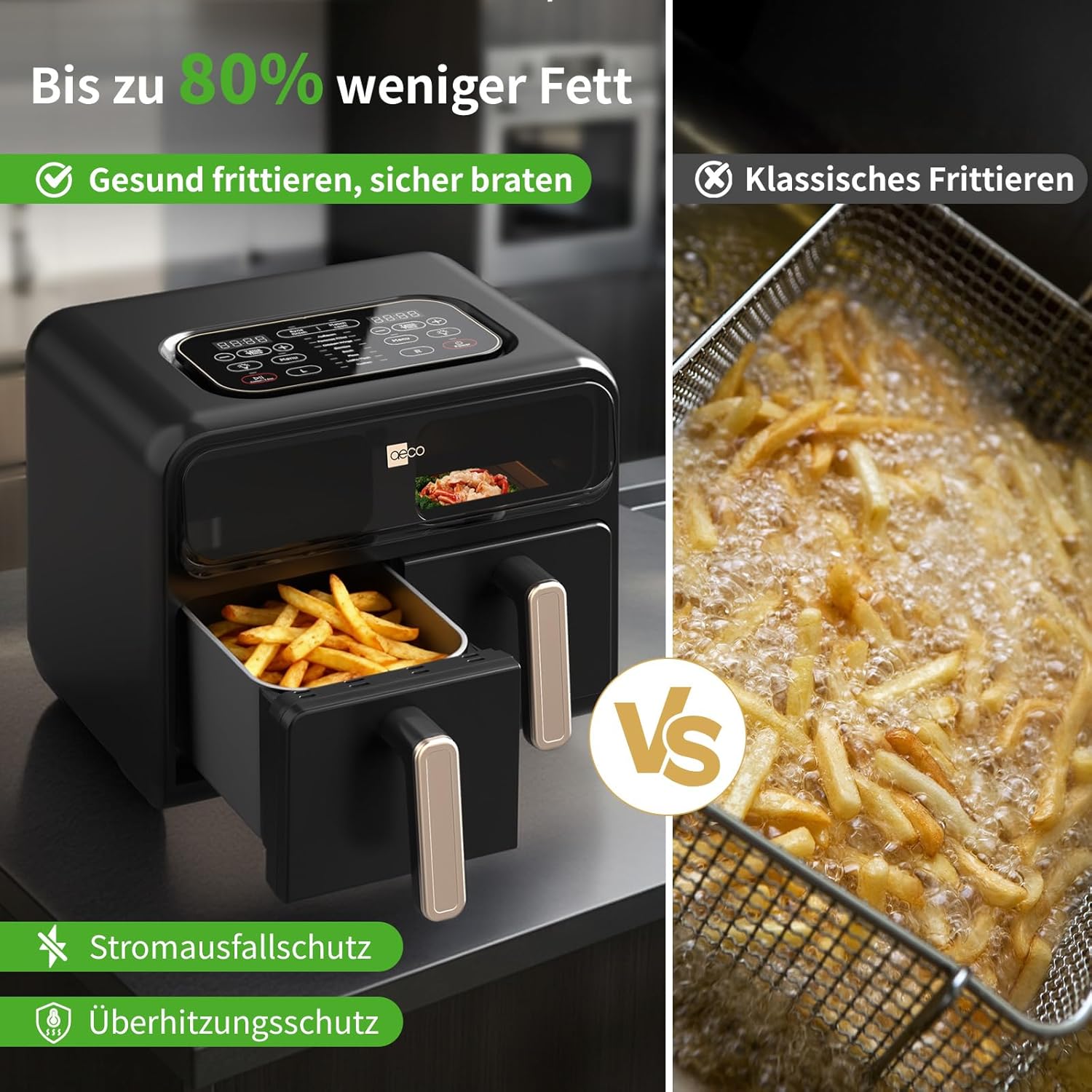 Die aeco FryQ ELITE Duo XL8 Heißluftfritteuse mit einem Fassungsvermögen von 8 l in zwei Kammern (Dual Zone) mit Sichtfenster, einer Leistung von 2400 W, einem Touch-Display und einer Sync-Funktion wird mit einer klassischen Fritteuse mit Pommes frites verglichen. Der Text hebt hervor, dass diese Heißluftfritteuse bis zu 80 % weniger Fett verbraucht, über fortschrittliche Sicherheitsfunktionen verfügt und im Vergleich zu herkömmlichen Frittiermethoden erhebliche gesundheitliche Vorteile bietet.