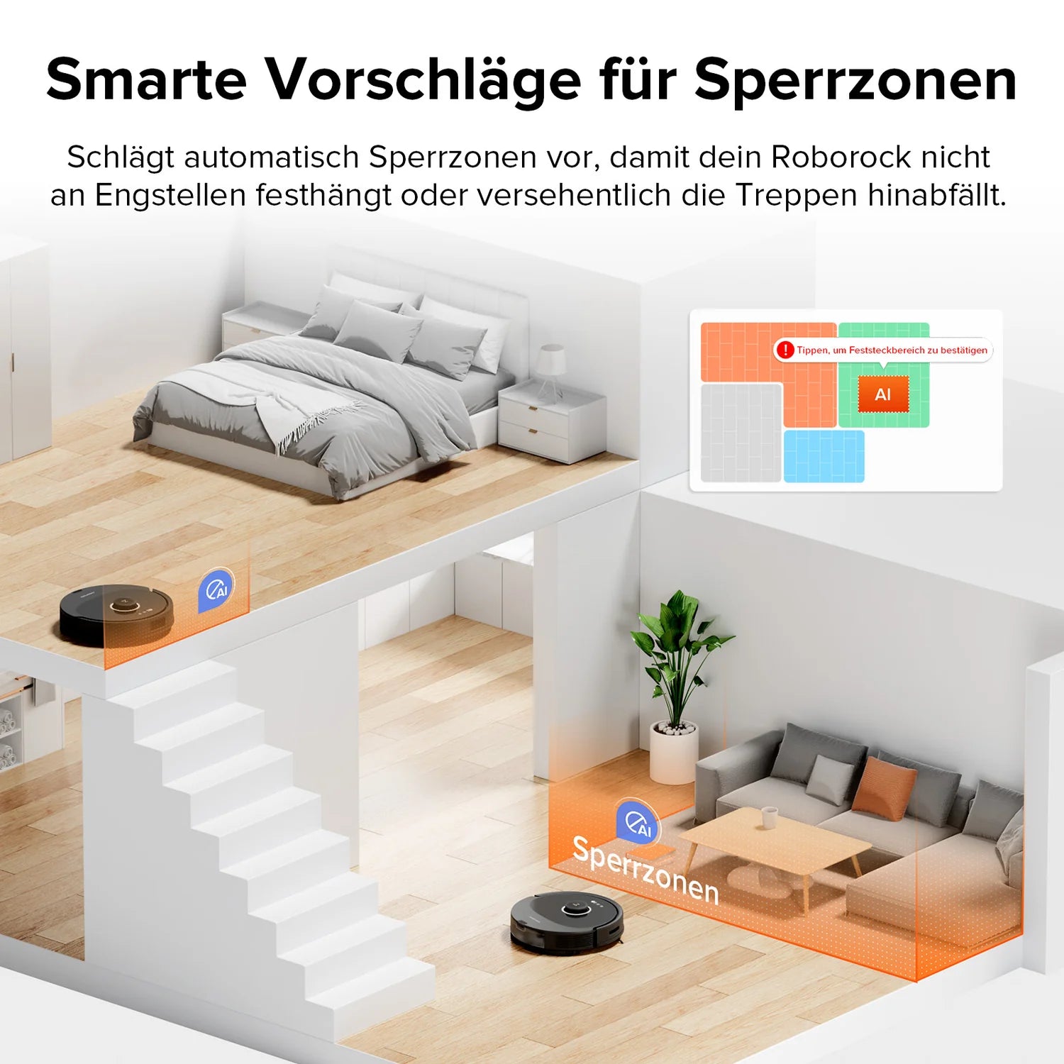 Der Roborock Q8 Max Special Edition navigiert Ihr Haus mit KI-gestützten No-Go-Zonen und markierten Sperrbereichen, damit Sie nicht stecken bleiben oder Treppen hinunterfallen.