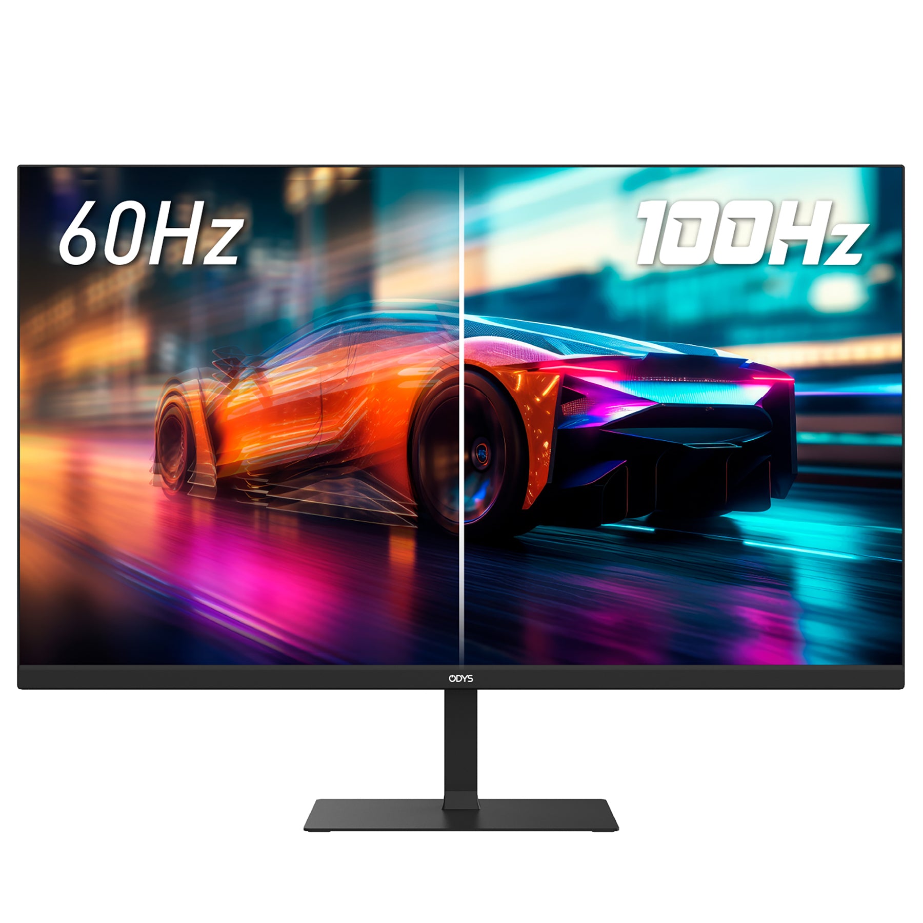 Ein Odys i27-Q-100 Flat Gaming Monitor (27", 69 cm) zeigt einen geteilten Bildschirm: ein Auto mit 60 Hz auf der linken Seite und 100 Hz auf der rechten Seite, was die verbesserte Bewegungsklarheit bei der höheren Bildwiederholfrequenz deutlich zeigt.