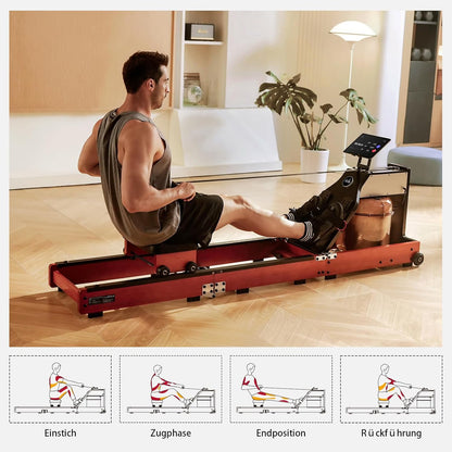 Ein Mann benutzt das Kingsmith WM10 Wasser- & Magnet-Rudergerät (bis 150 kg belastbar) in einem modernen Wohnzimmer. Vier Diagrammtafeln unten zeigen verschiedene Ruderpositionen mit deutscher Beschriftung - ideal für effektives Heimtraining.